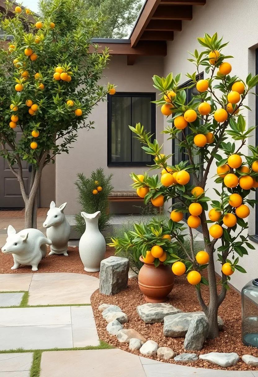 Rustic Garden Sculptures Nestled Between Compact Citrus Trees Bearing Vibrant Yellow And Orange Fruits