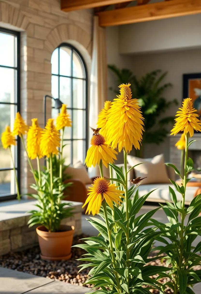 Sunlit Yellow Coneflowers Standing Tall as Friendly Landing Spots for Hovering Hummingbirds