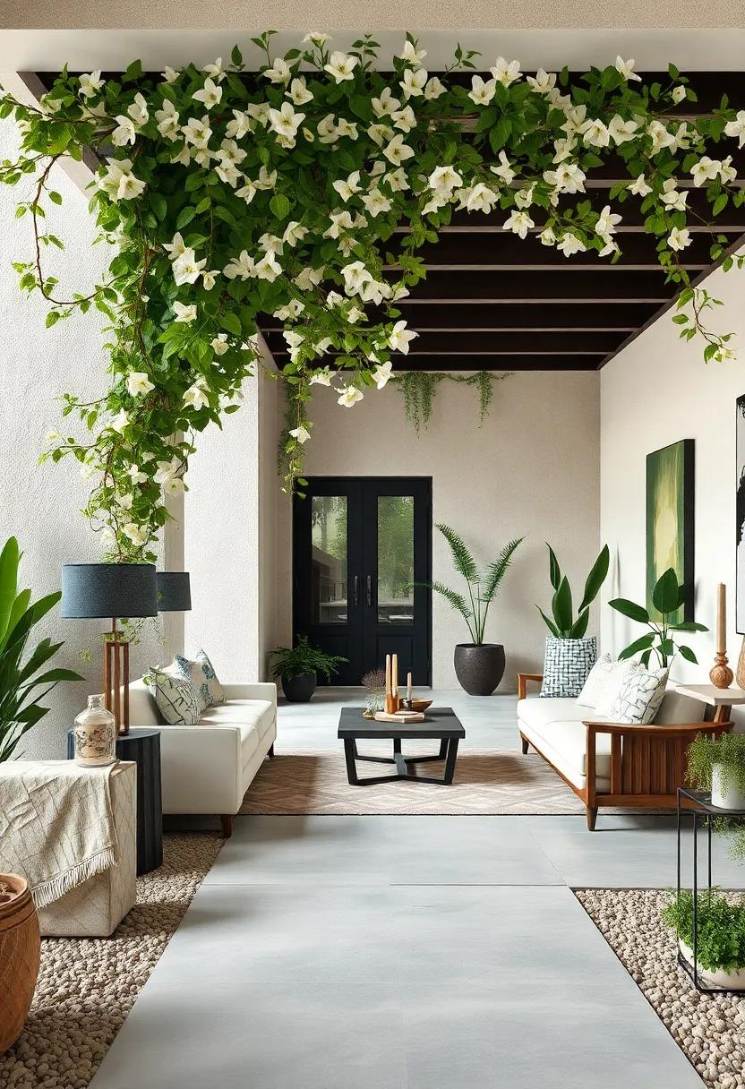 White Trumpet Honeysuckle Blossoms Twining Through Garden Structures to Form a Sweet-Scented Pathway