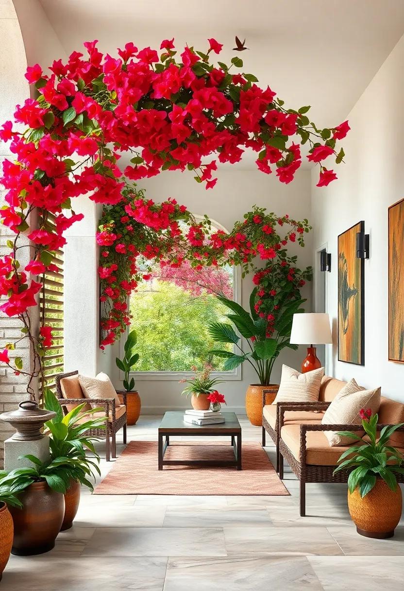 Radiant Scarlet Trumpet Vine Blossoms Sweeping Over Arbors to Welcome Fluttering Hummingbirds