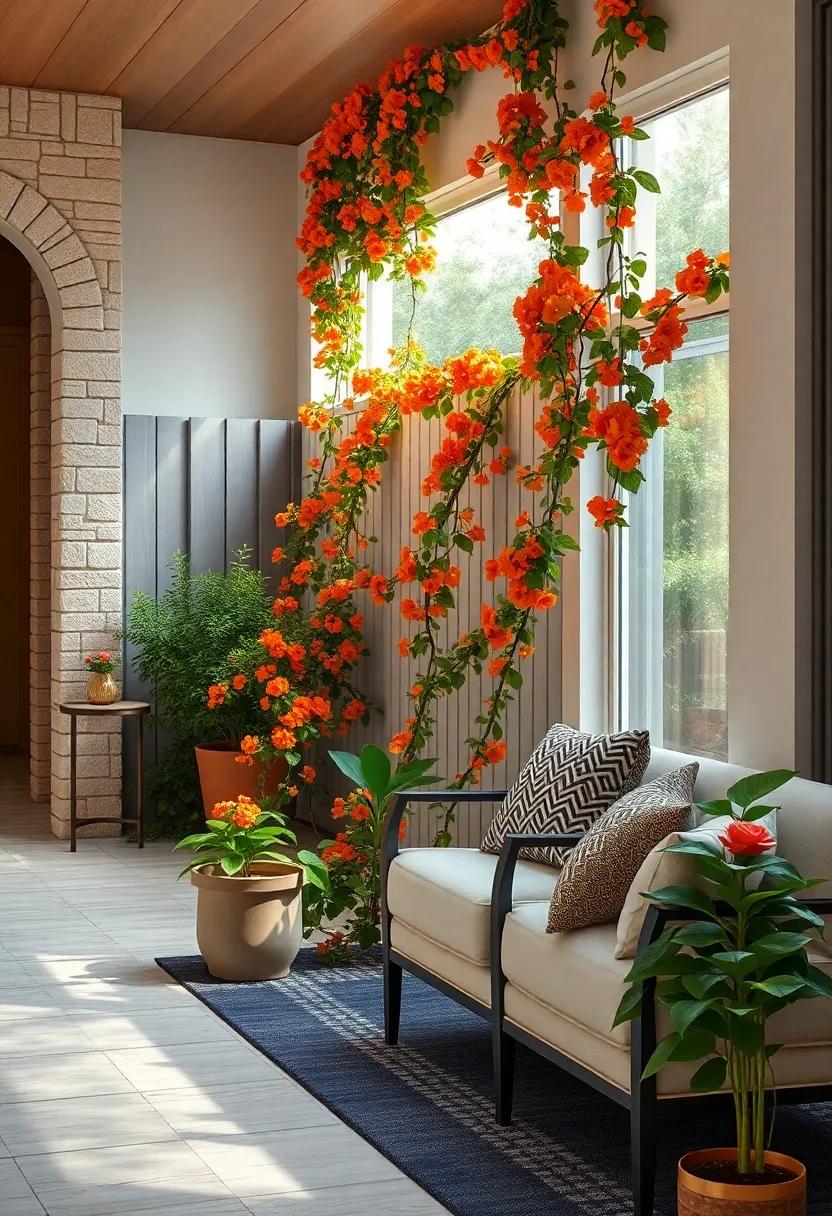 Bright Orange Honeysuckle Vines Curving Along the Fence as a Hummingbird Nectar Highway