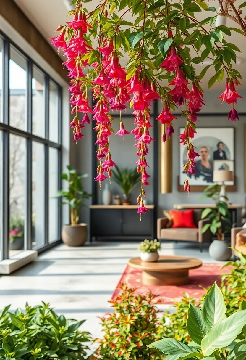 Trailing Fuchsia Blooms Dangling Gracefully To Catch the Eye of Hovering Hummingbirds