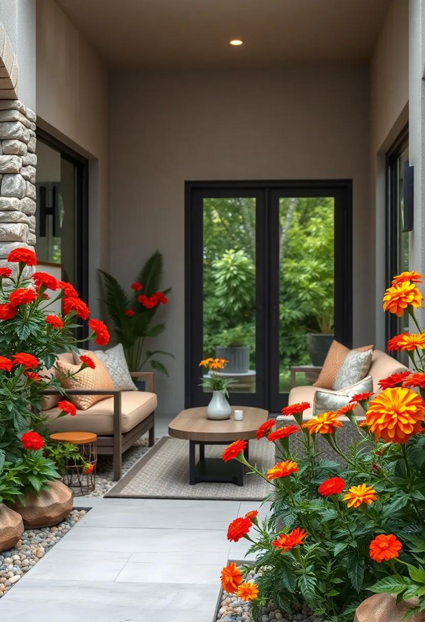 Bursts of Red and Yellow Marigold Blooms Adding Vibrancy and Attracting Colorful Hummingbird Guests