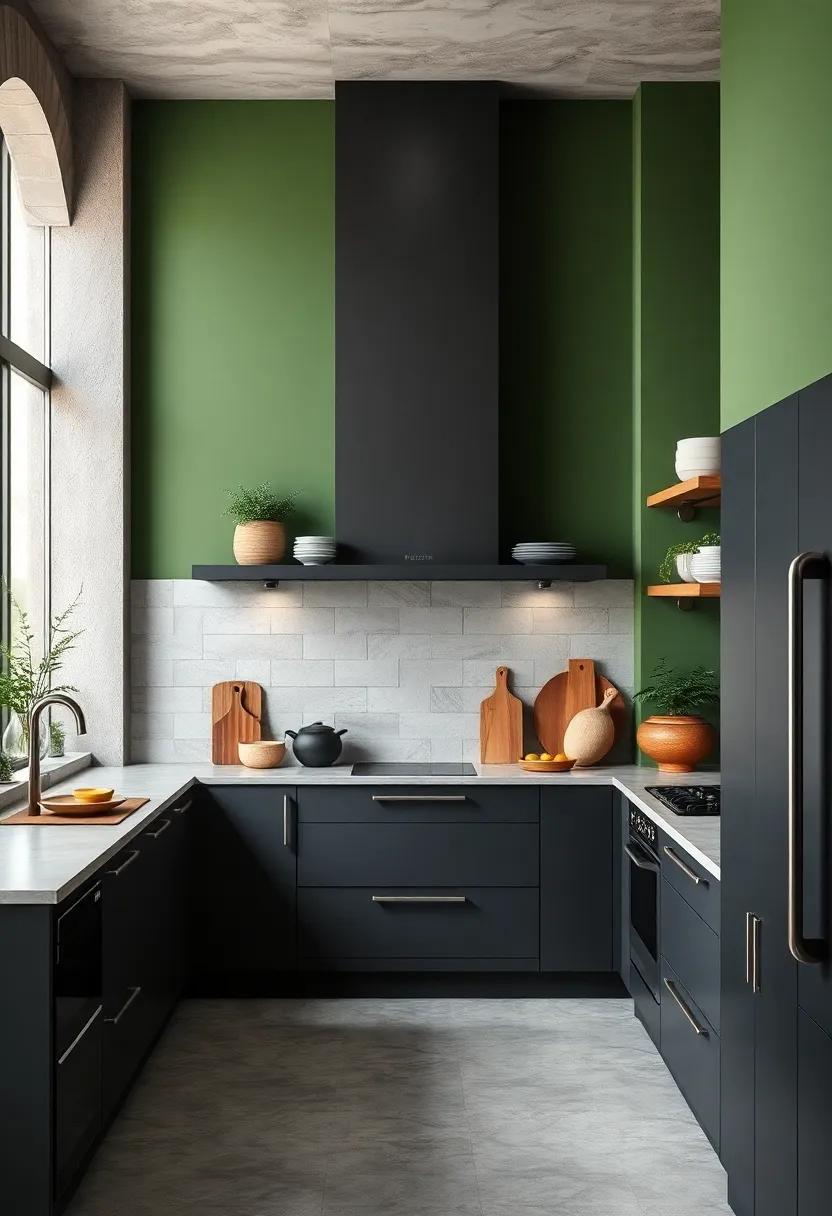 Monochrome Minimalism: Pair charcoal grey ⁢cabinets with rich olive green walls ​for ​a ⁢sleek, contemporary kitchen look
