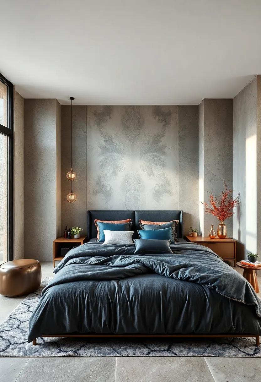 Deep Charcoal Metallic Beds Framing Bedroom Sanctuaries with Subtle Drama