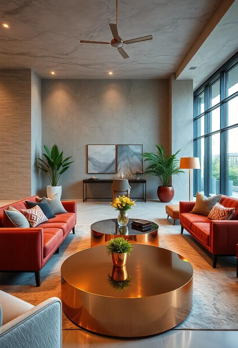 Warm Copper Coffee Tables Creating Inviting Focal Points in Contemporary Lounges