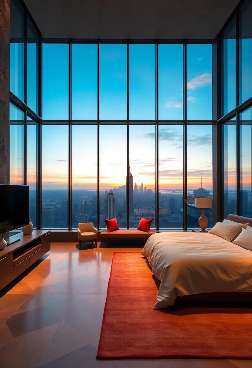 Penthouse bedroom with panoramic glass walls overlooking city skyline at sunset