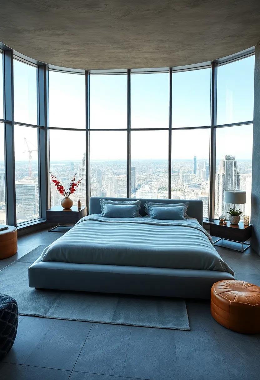 King-sized bed with velvet upholstery and wrap-around glass windows
