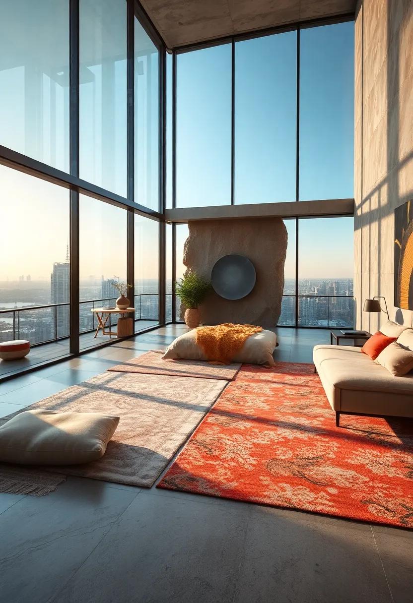 Designer rugs creating cozy zones in penthouse bedroom