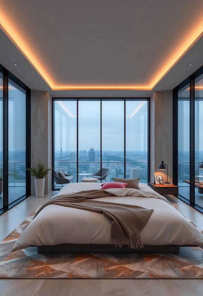 Floating nightstands in minimalist penthouse bedroom