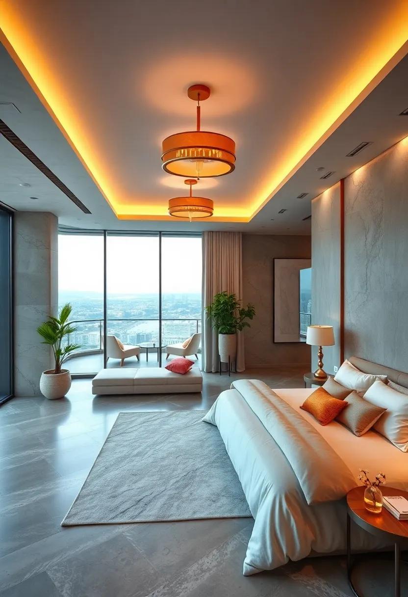 Elegant lighting fixtures casting warm glow in penthouse bedroom