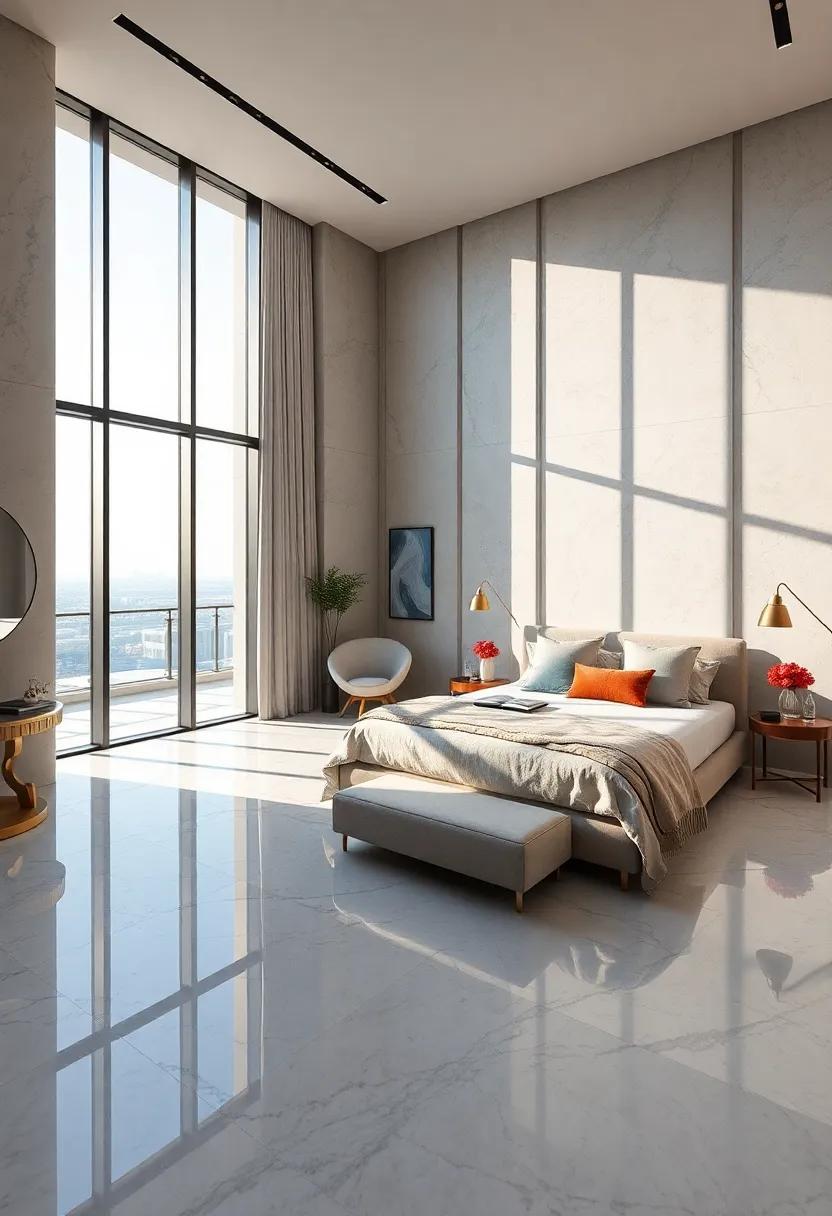 Polished marble flooring reflecting natural light in penthouse bedroom