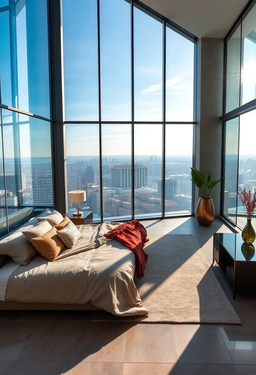 Metallic accents and textured throws in penthouse bedroom