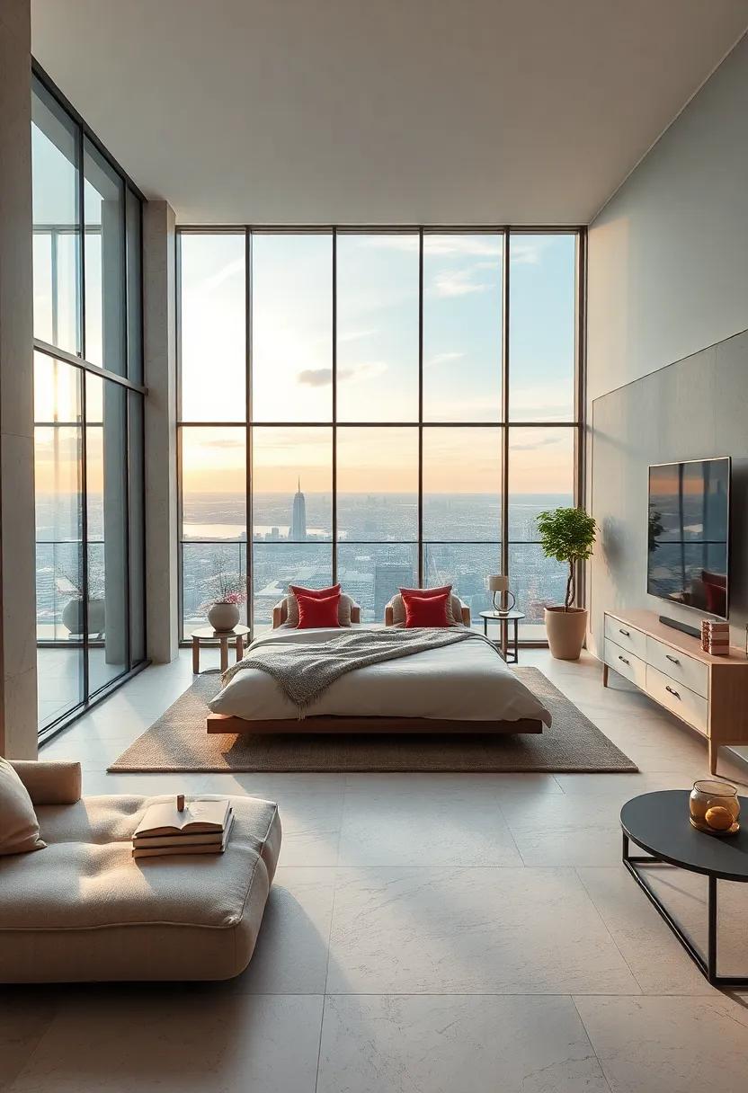 Minimalist penthouse bedroom with soft textured fabrics in neutral tones