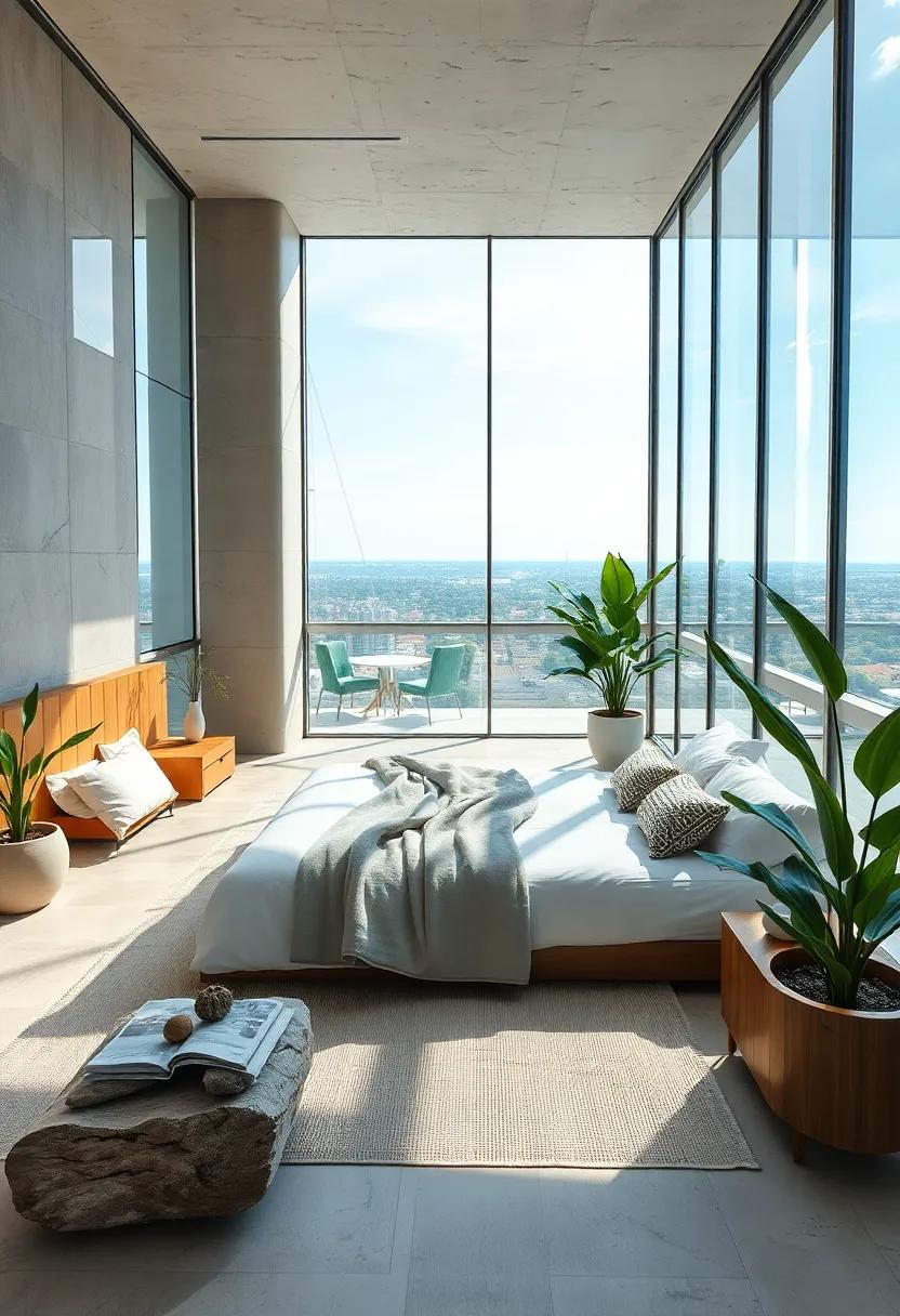 Natural greenery and driftwood accents in penthouse bedroom