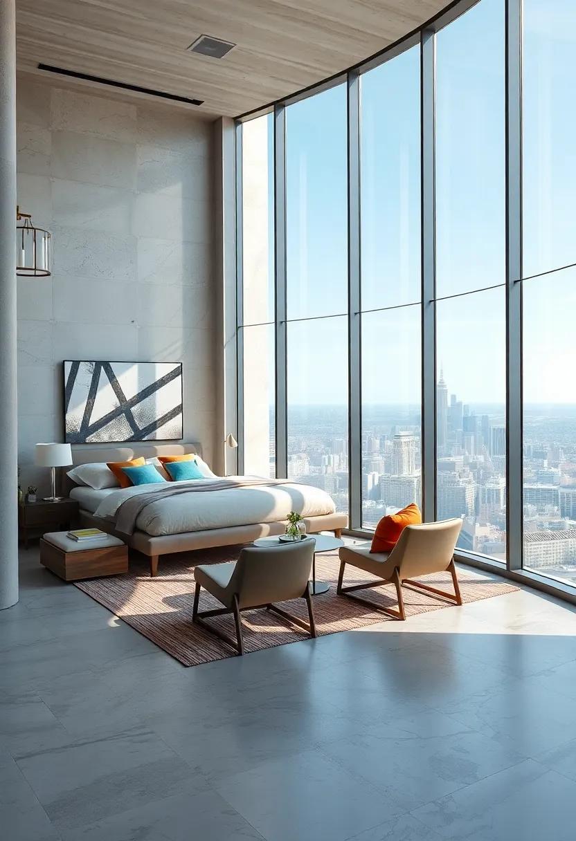 Designer lounge chairs arranged to maximize city skyline views