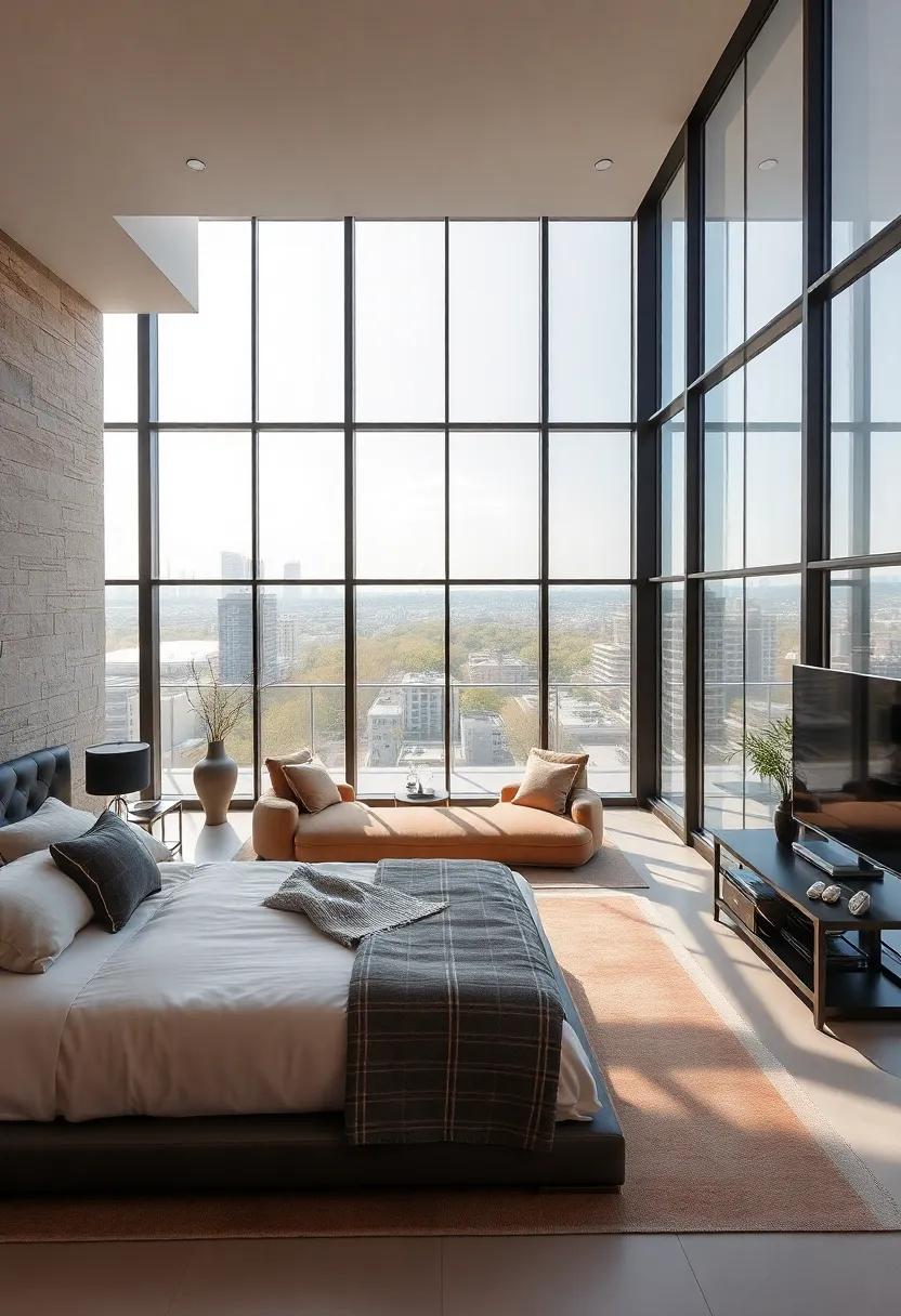 High-gloss custom walk-in closet next to glass-paneled bedroom