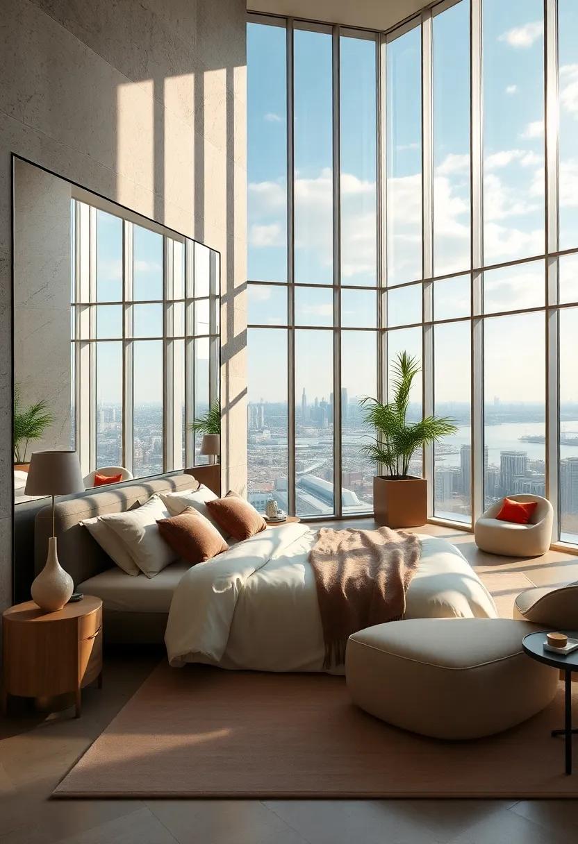 Oversized mirrors reflecting light and city views