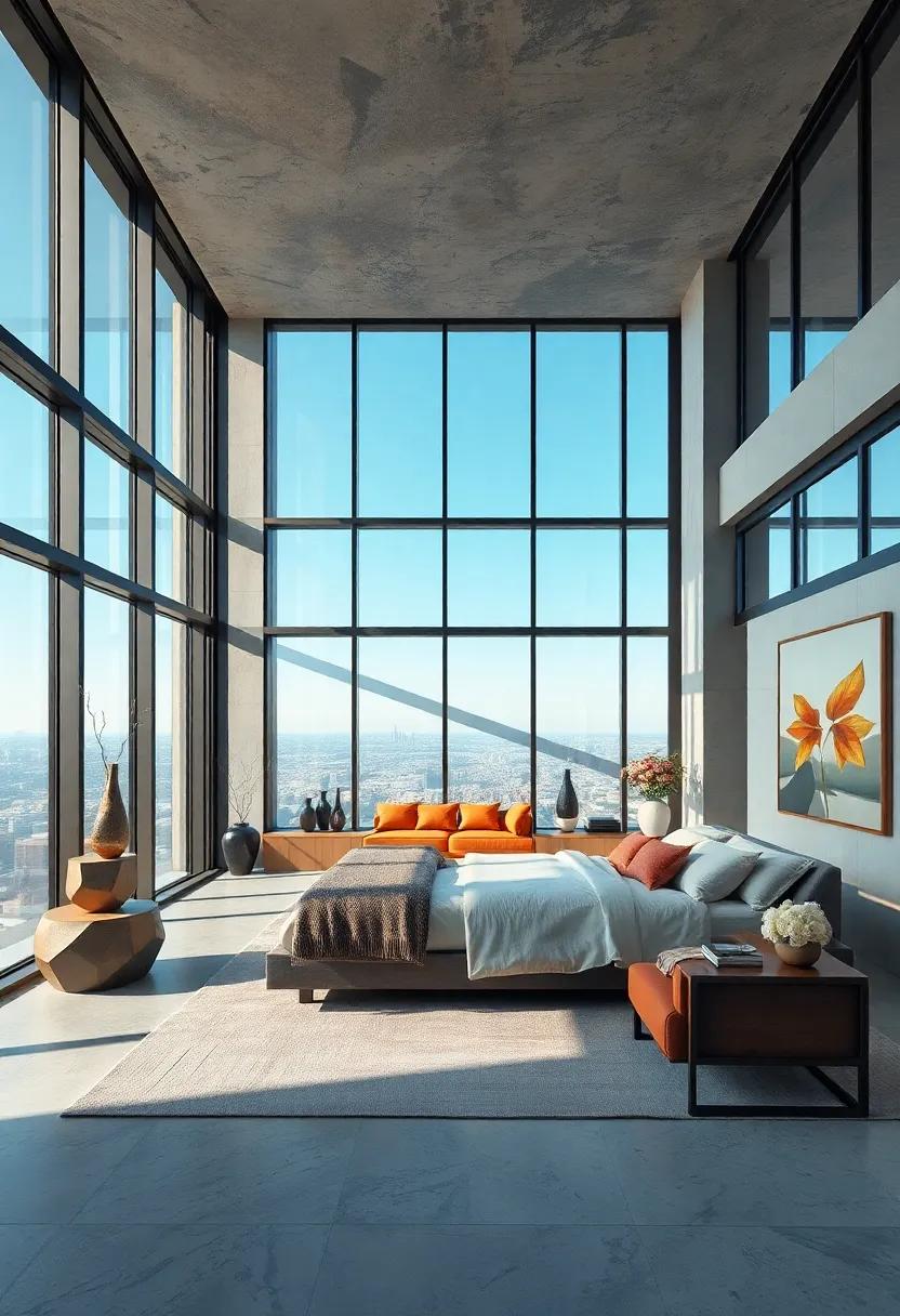 Contemporary artwork and sculptures balancing glass architecture