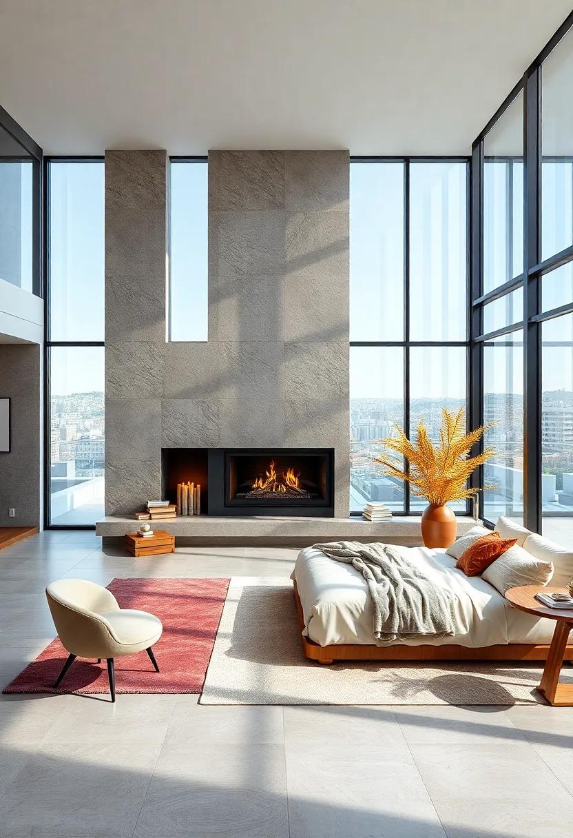 Modern linear fireplace providing warmth in glass-walled bedroom