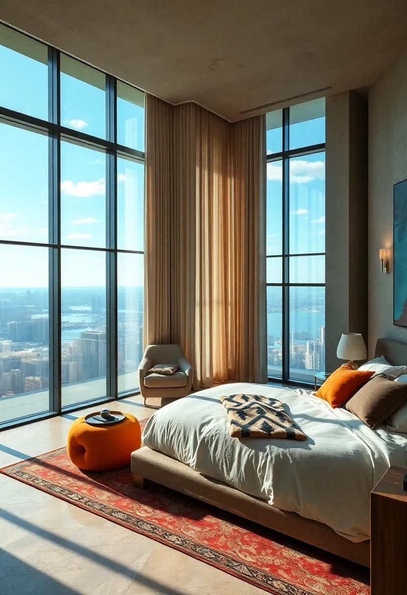 Elegant drapery and motorized window treatments in penthouse bedroom