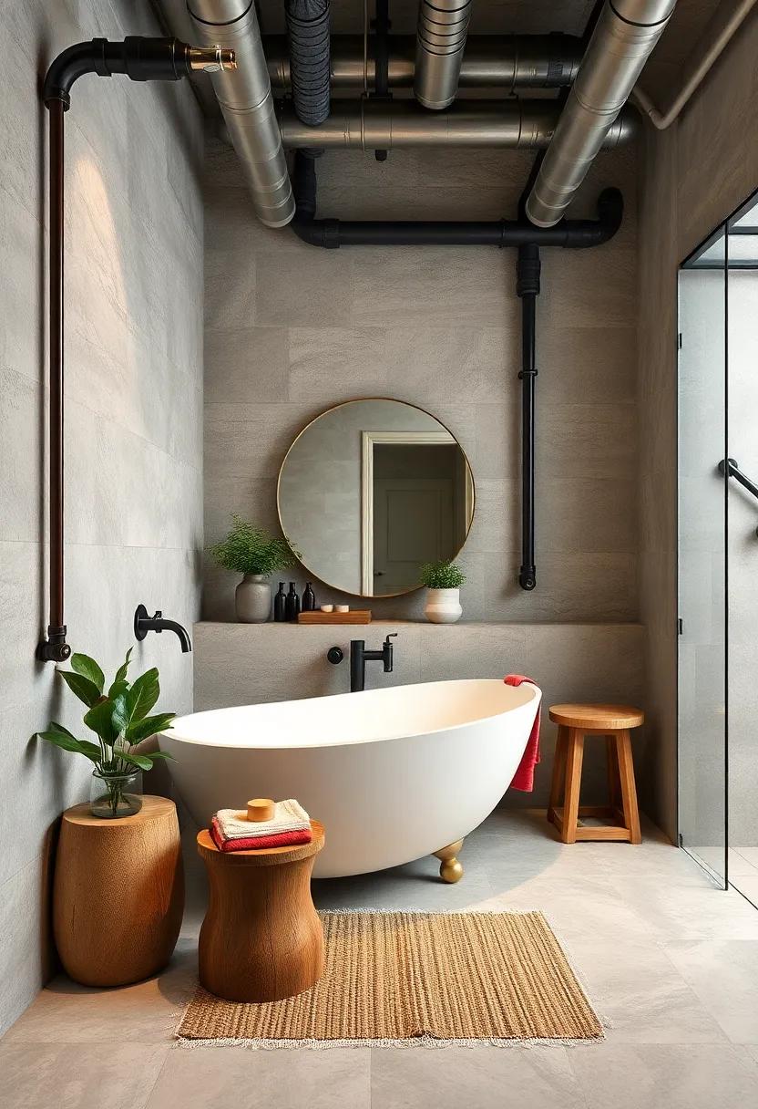 Embrace Exposed Pipes: Highlight the raw aesthetic of your bathroom by leaving pipes and ductwork exposed, adding an authentic industrial vibe