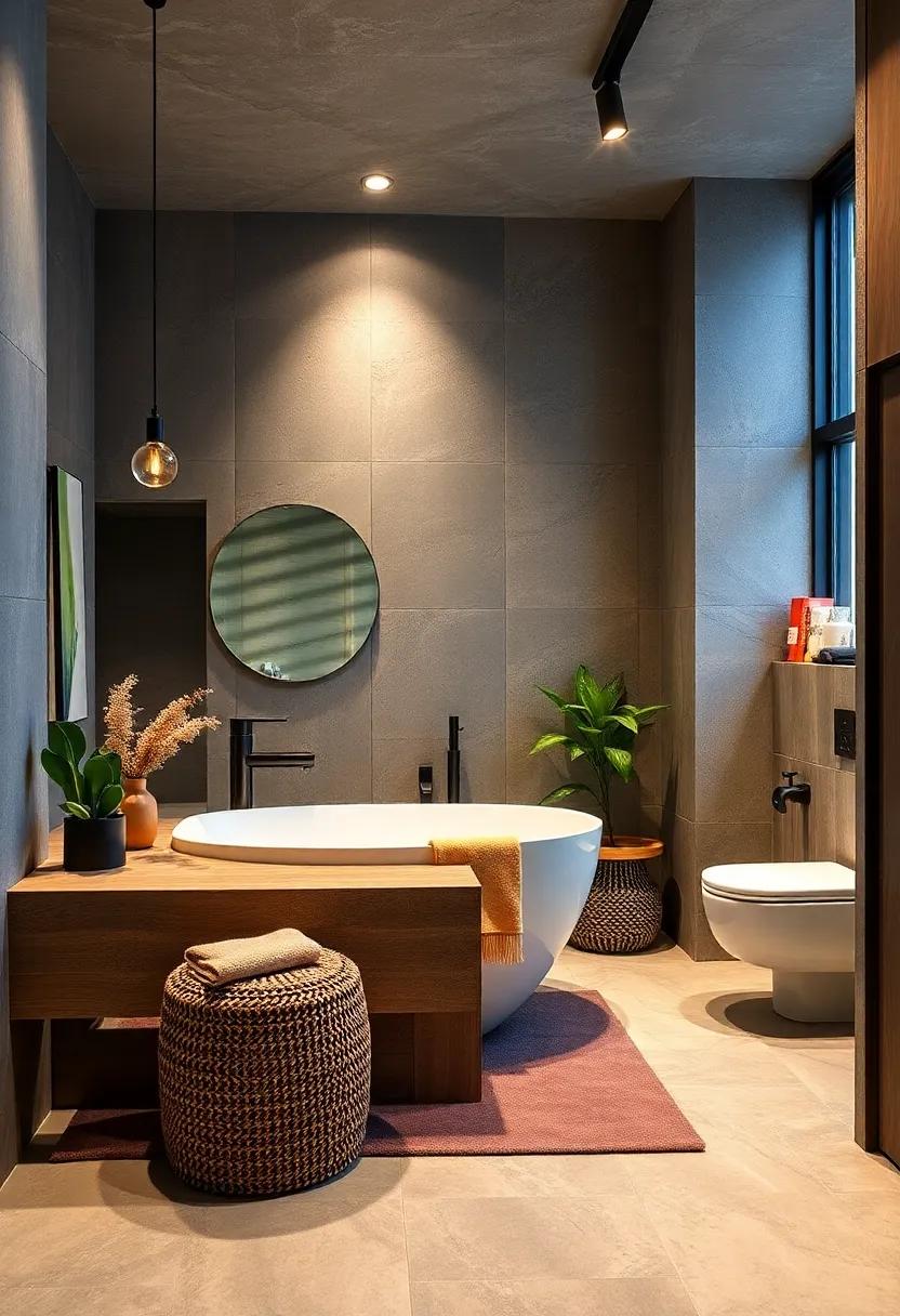 Experiment with Zones: Define different areas within your bathroom using visual barriers, such as half walls or unique flooring, to enhance design