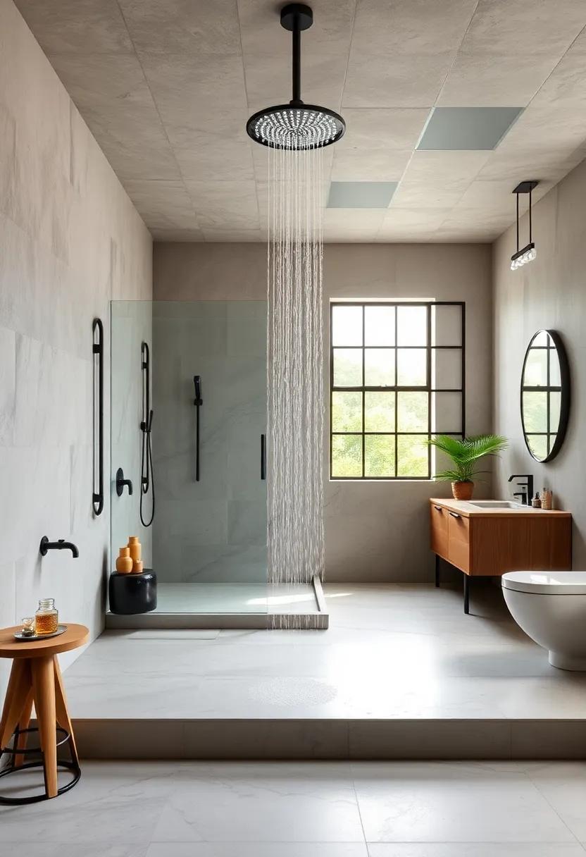Integrate a Rain Shower: A rain shower head offers a modern touch, blending seamlessly into an industrial design scheme with its minimalist aesthetic