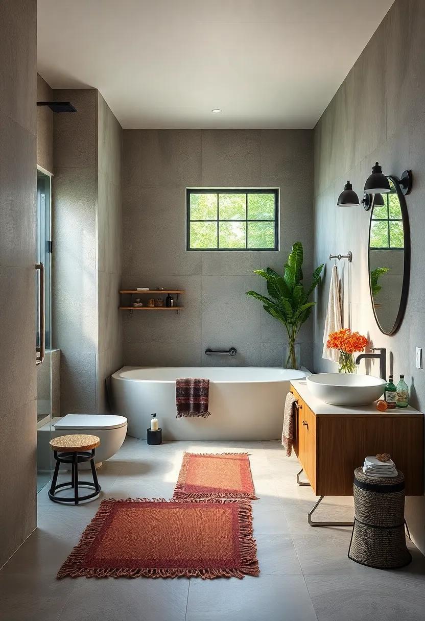 Play with Textiles: Use industrial-inspired textiles like canvas, leather, or burlap for bath mats, curtains, and towels for added warmth