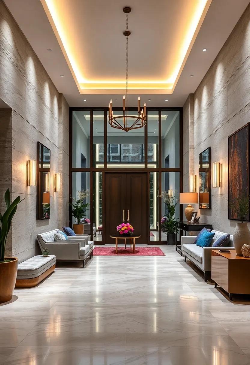 Ambient Lighting Reflected from Mirrored Surfaces to Amplify Space and Brilliance in the Foyer