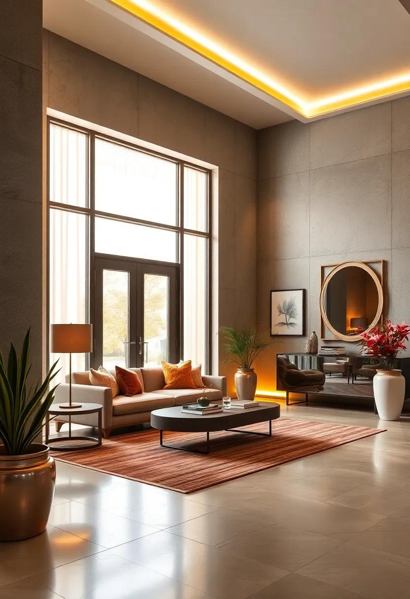 Creating a Luxurious Entryway with Layered Gold-Hued Lighting Accents and Soft Shadows