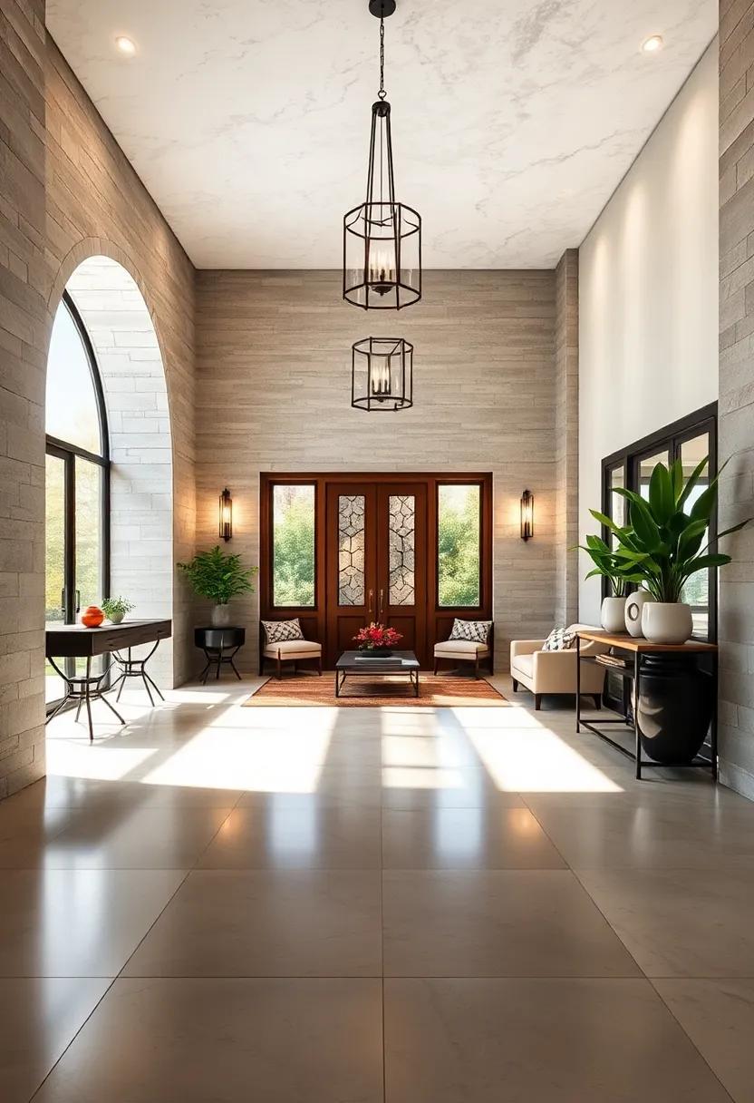 Dramatic Shadows Cast by Pendant Lighting Creating Depth and Intrigue in an Elegant Entryway