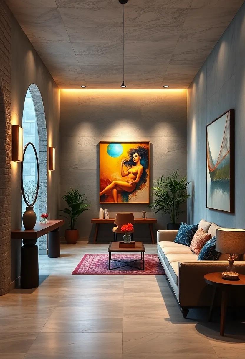Feature Lighting Drawn to Artistic Wall Pieces That Welcome Guests with Visual Storytelling