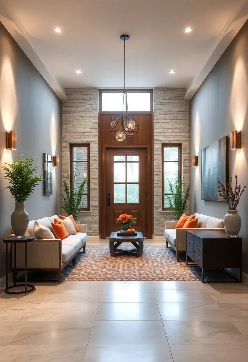 Layered Lighting that Accentuates Natural Elements Like Wood and Stone in a Chic Entry Design