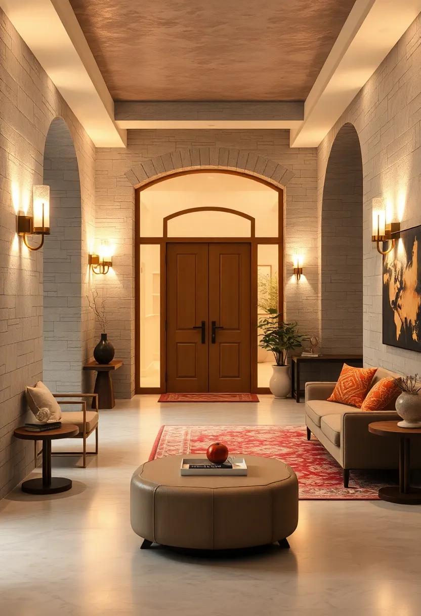 Soft Glows from Wall Sconces Framing Doorways and Featuring Decorative Elements