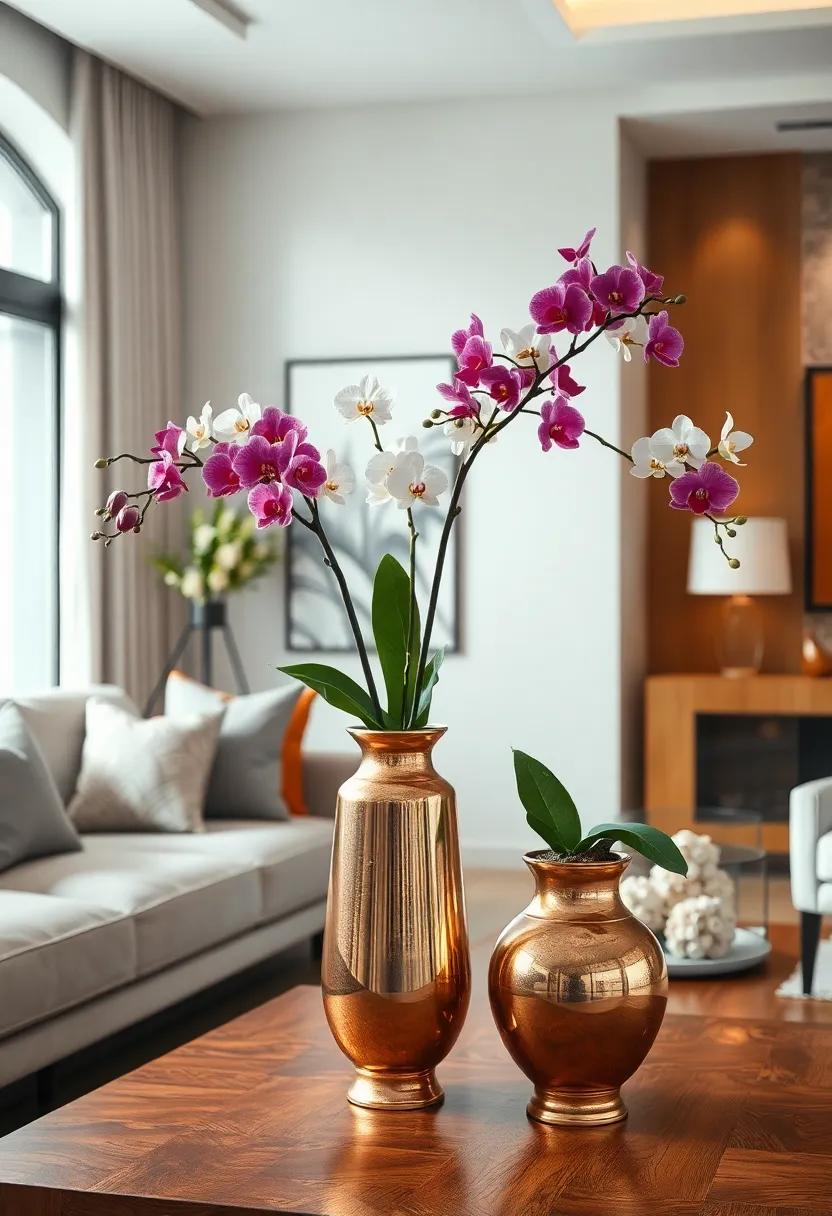 Antique Brass Vases Displaying Exotic Orchids to Invite a Sense of Luxury and Refinement