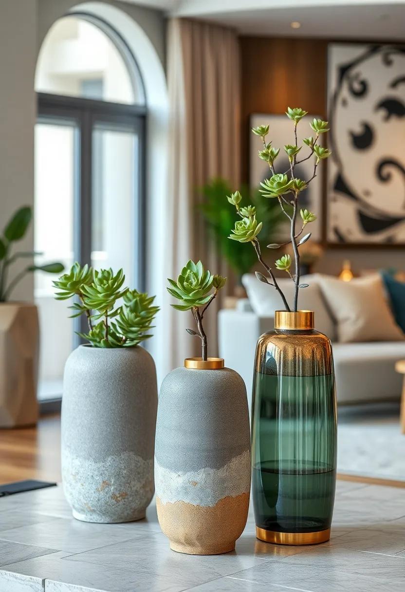 A Harmonious Blend of Stone and Metal Vases Accommodating Succulent Arrangements in Modern Rustic Style