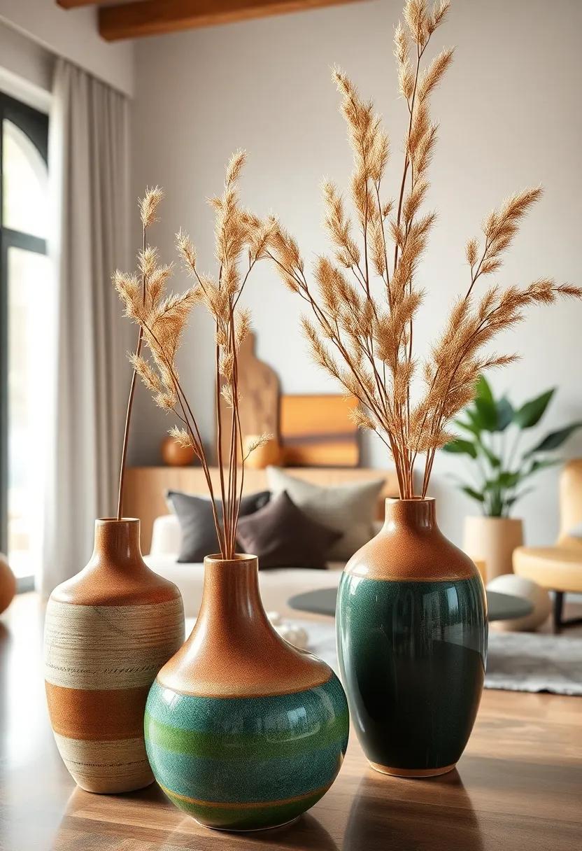 Layered Textures of Woven Bamboo and Glossy Earthen Vases Accentuating Bohemian Living Room Designs