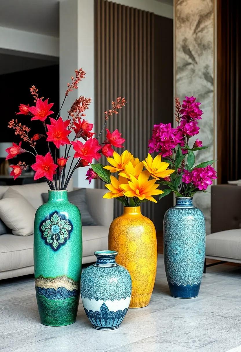 Art Deco Inspired Metallic Vases Creating a Glamorous Focal Point on Contemporary Coffee Tables