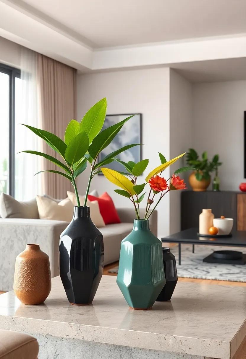 Bold Geometric Vases Infused with Vibrant Tropical Greenery for a Fresh Living Room Vibe