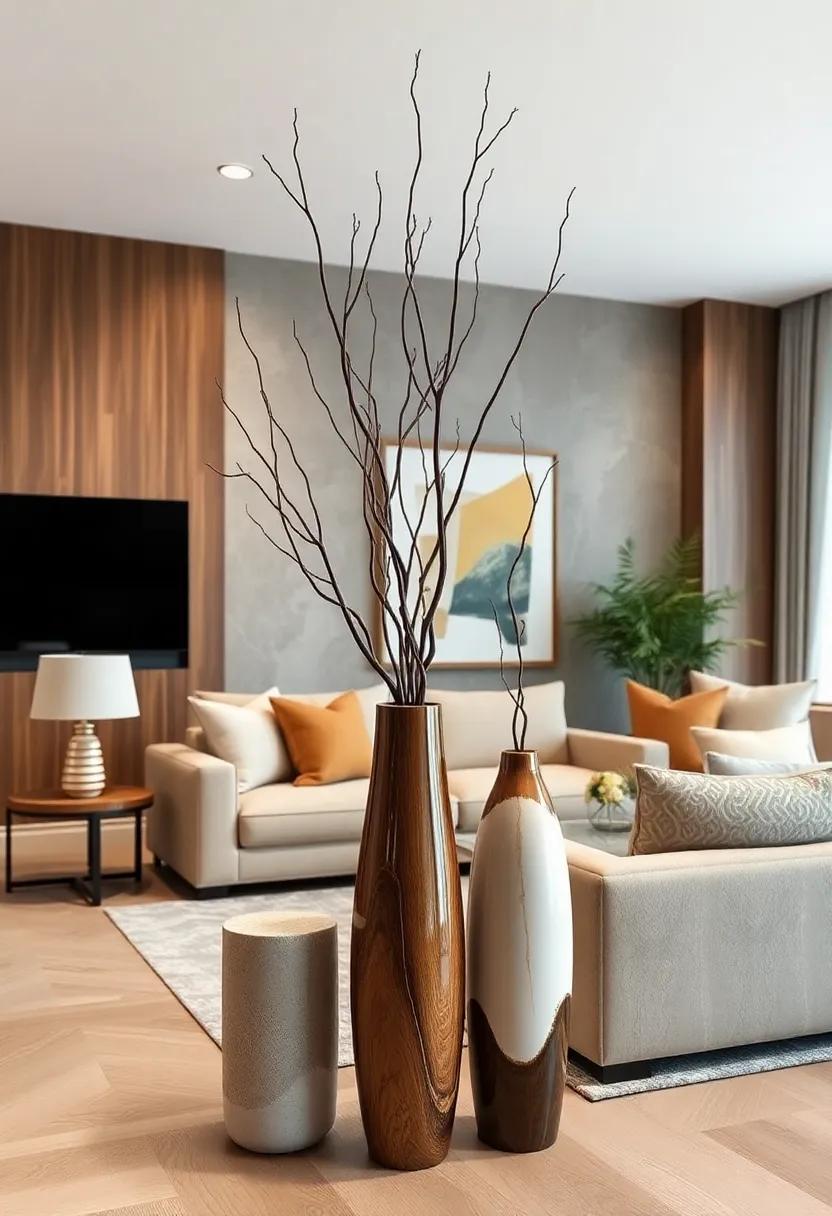 Tall Floor Vases with Slender Branches Establishing Height and Elegance in Spacious Living Rooms
