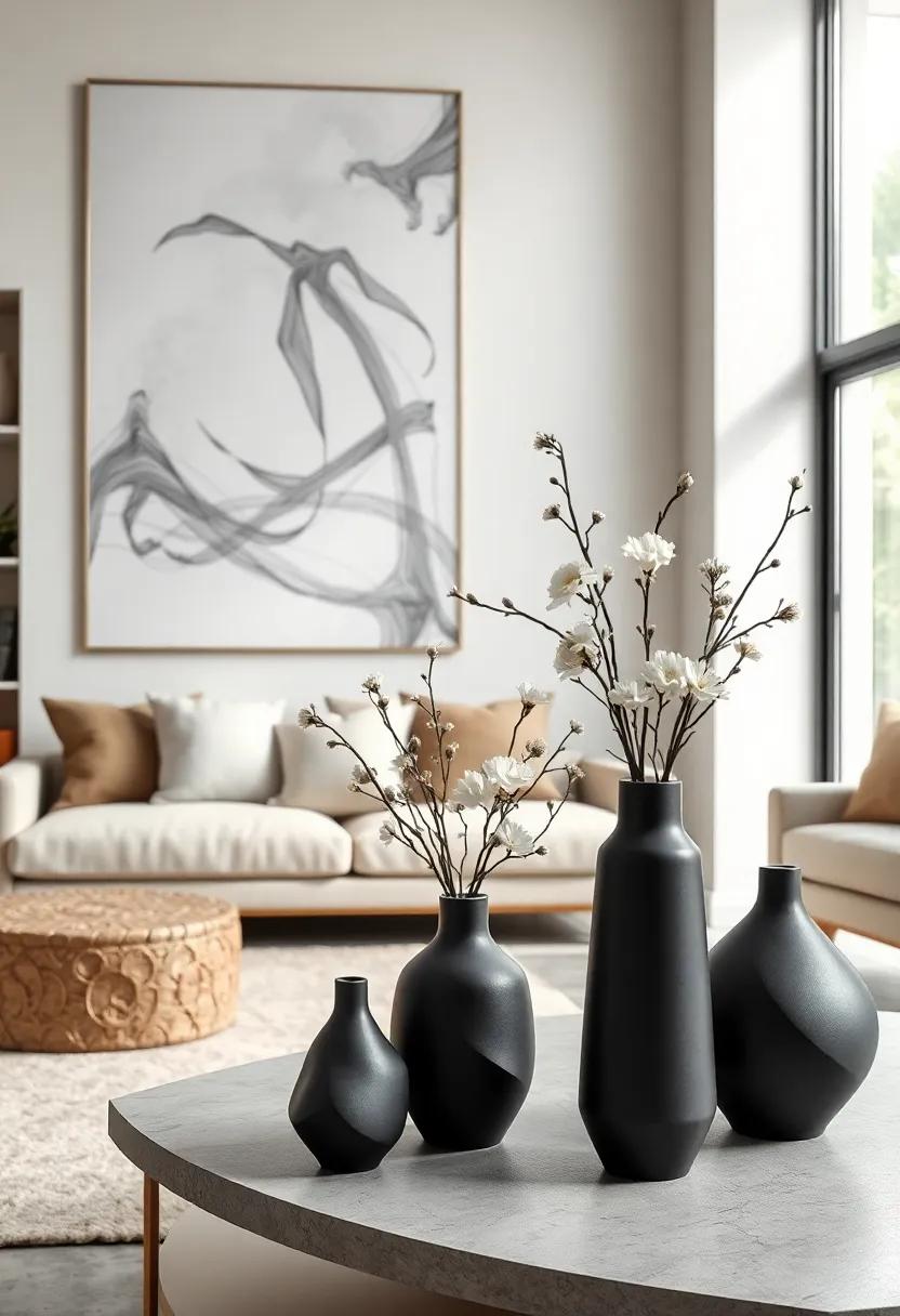 Organic Shapes in Matte Black Vases Combined with Monochrome Floral Arrangements for Sleek Sophistication