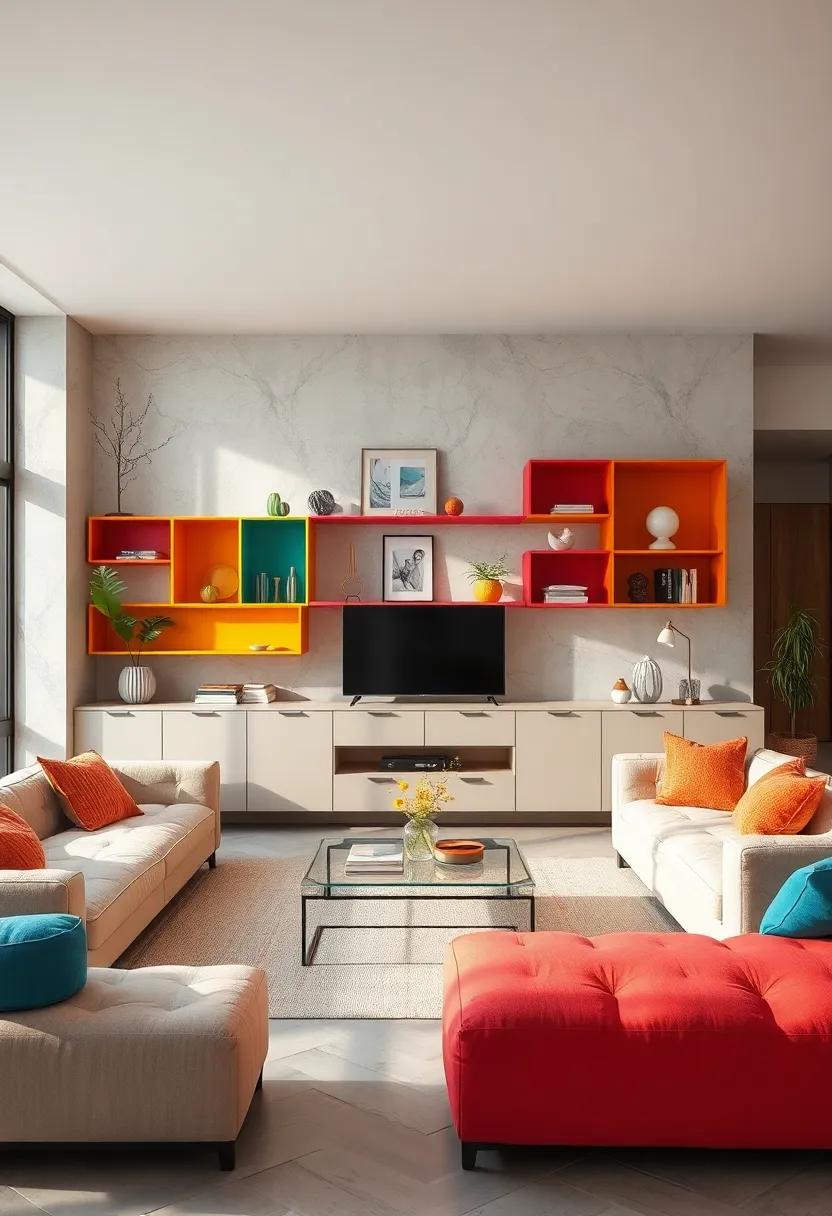 Colorful Units:⁢ Infuse life into⁣ your living room with​ colorful shelves‌ that serve⁢ as statement pieces ‍and storage solutions‍ simultaneously