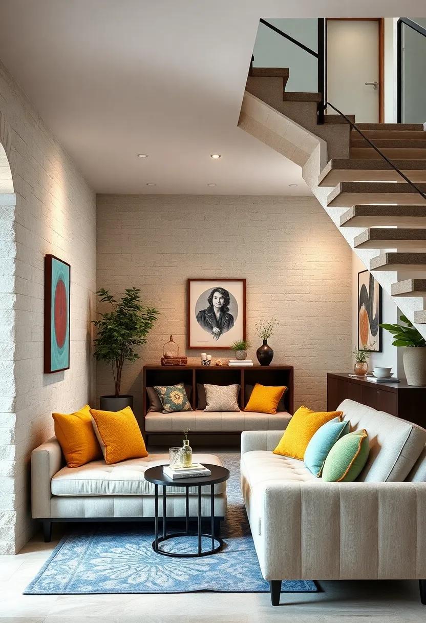 Color Coordinated Cushioned Benches Offering Comfort And Functionality Under Stairs