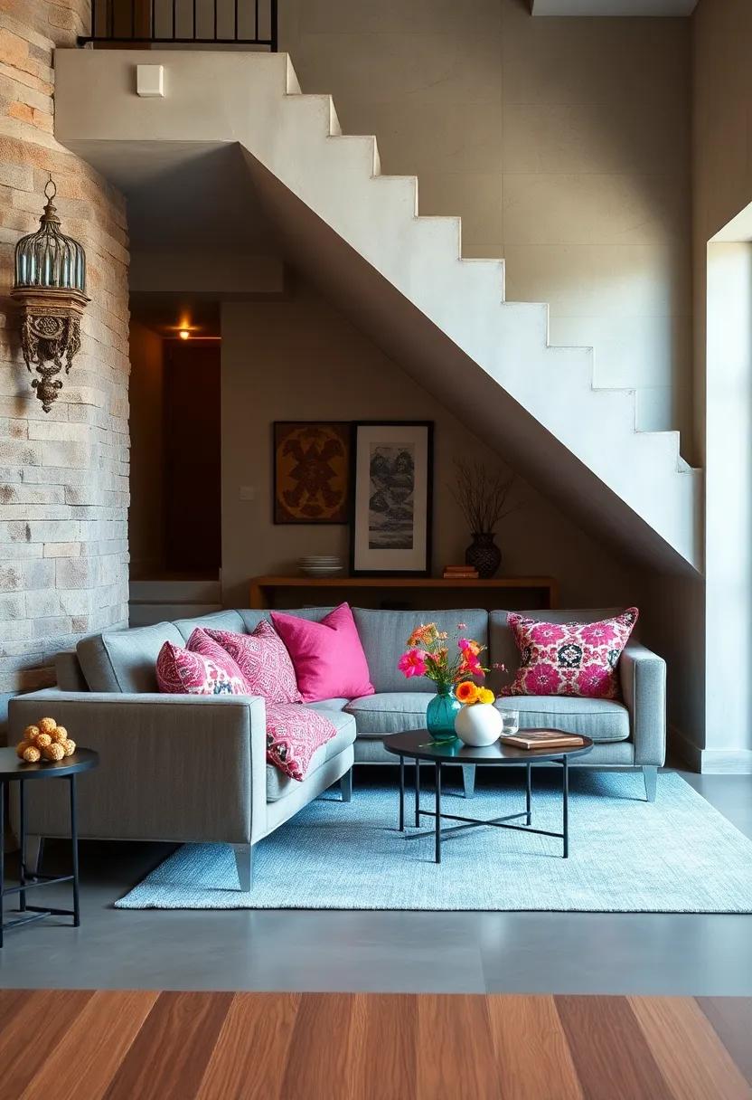 Vibrant Patterned Throw Pillows Accentuating Small Seating Arrangements Below Stairs