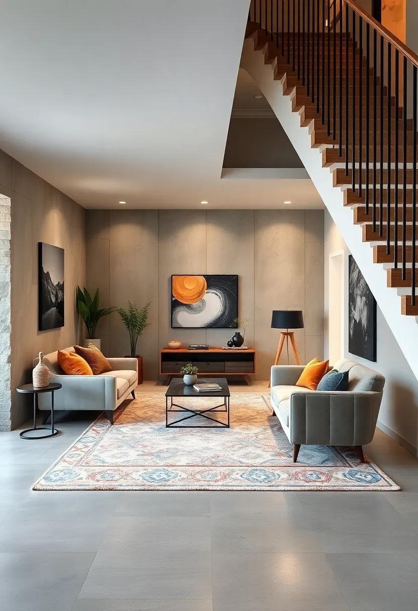 Plush Area Rugs Defining Cozy Furniture Nooks Situated Beneath Staircases