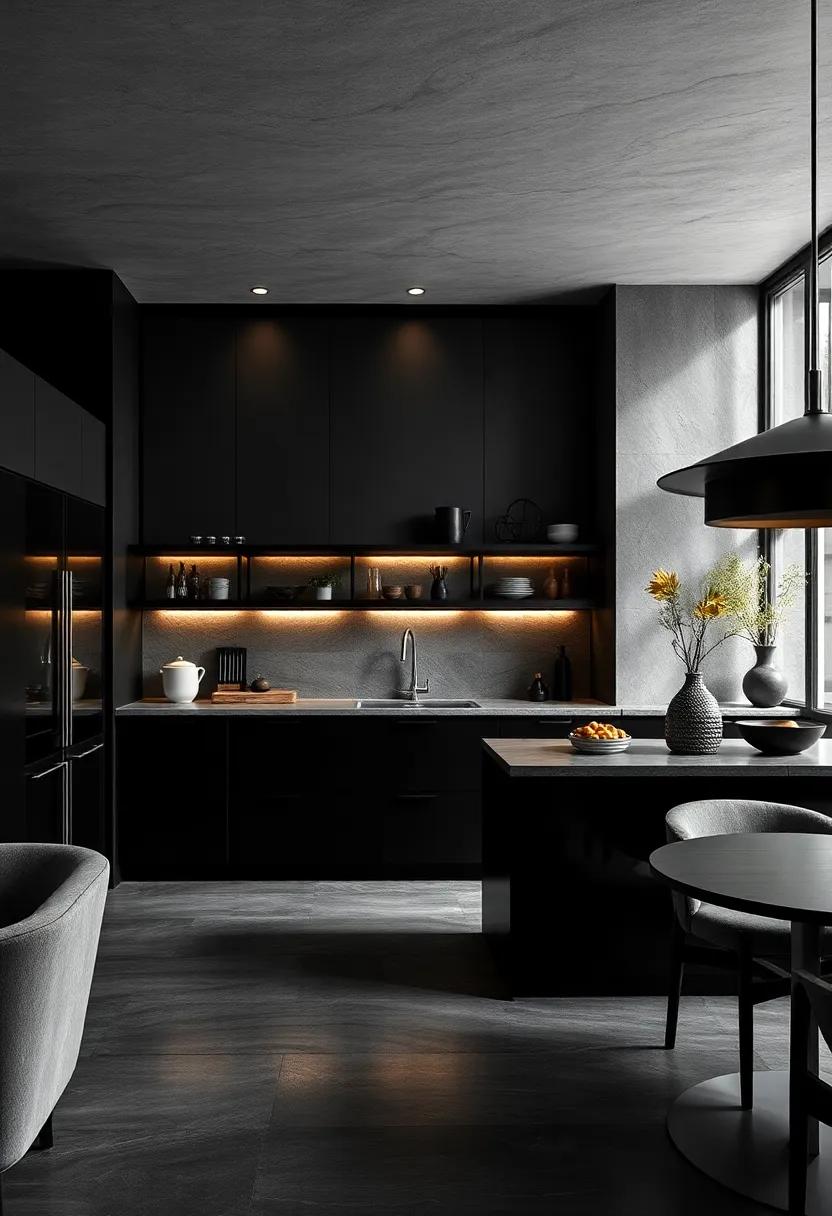 Innovative Lighting Designs Highlighting Sculptural Elements and Shadows in Black Culinary Spaces
