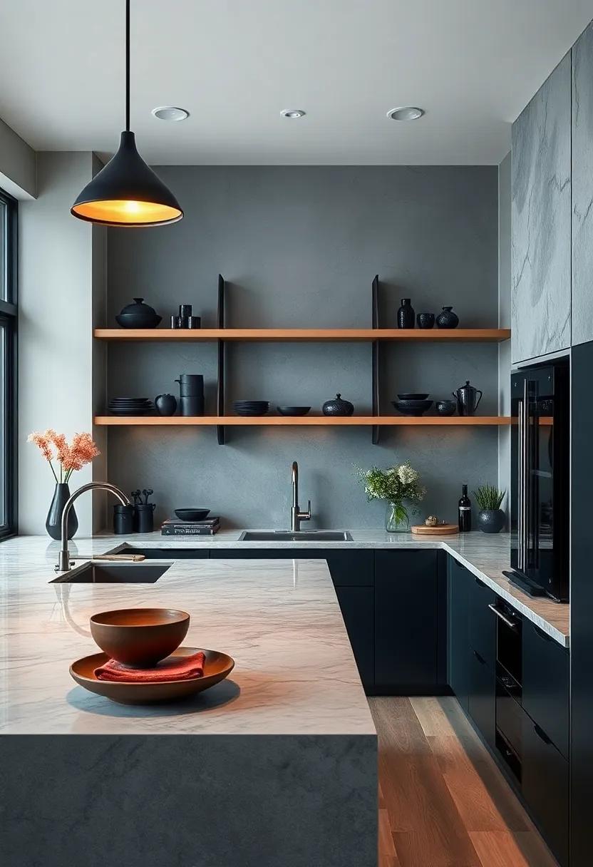 Open Shelving Concepts in Monochrome Kitchens Showcasing Artful Black Ceramics and Glassware Displays