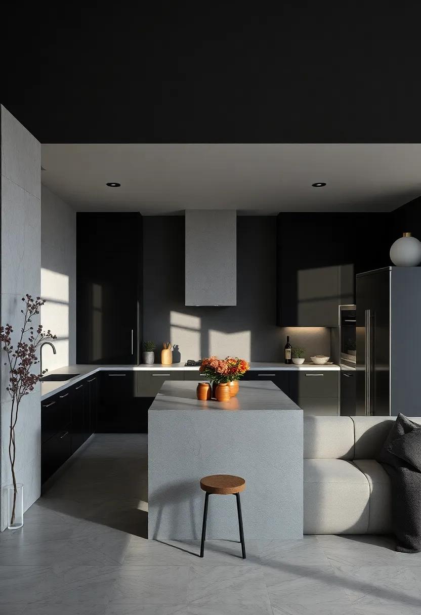 Play of Shadows and Silhouettes in Monochrome Black Kitchens Creating Artistic and Mysterious Vibes