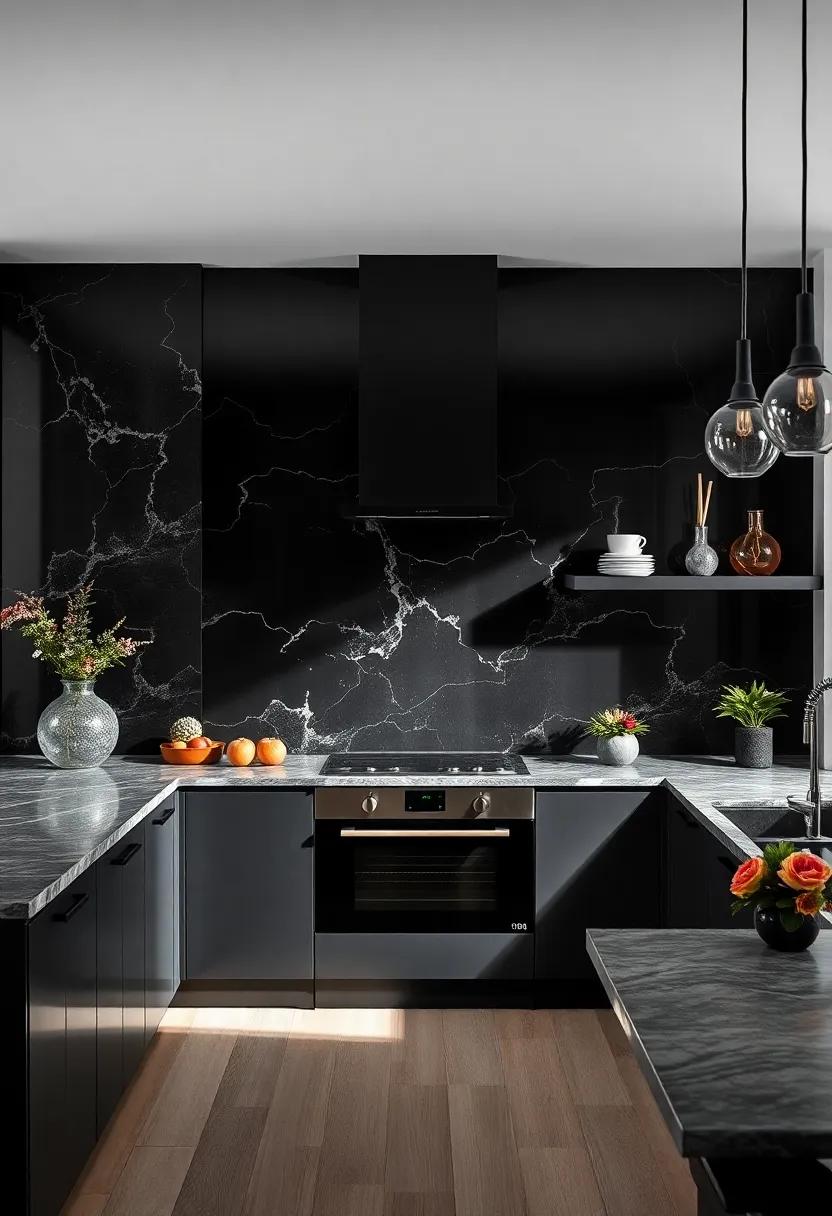 Sleek Black Backsplashes Featuring Minimalist Patterns and Glossy Finishes for Visual Depth and Refinement